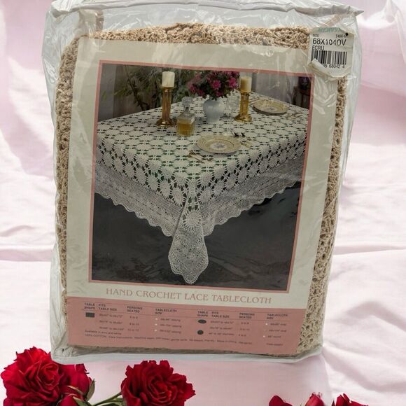 NOS Hand Crochet Ecru Tablecloth vintage 68